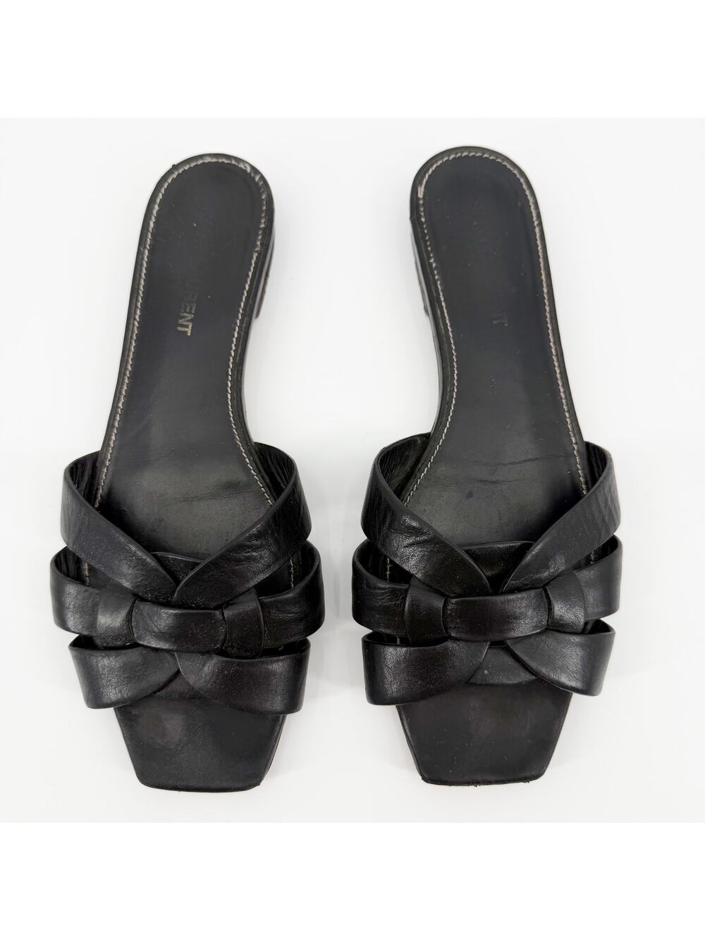 Saint Laurent Tribute Flat Woven Leather Sandals Black Slides Mules 37.5 US 7